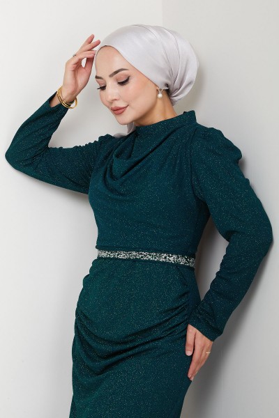 Tane Şık Taş Detaylı Tesettür Abiye - Zümrüt